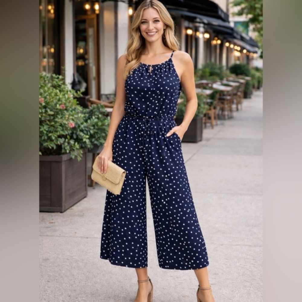 London Times Navy & White Polka Dot Wide-Leg Jumpsuit